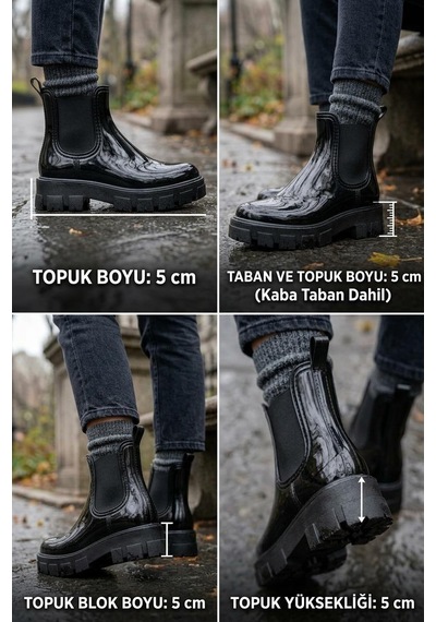 Kadın Siyah Parlak Rugan Yağmur Botu - Tırtıklı Kalın Tabanlı Chelsey Tipi Kısa Bot