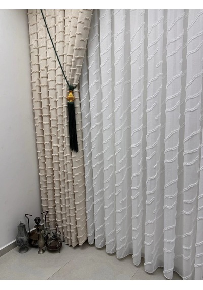 Nivemeshome Ahu 1-0037 Tam Desenli 1/3 Pileli Tül Perde Apm Ekru