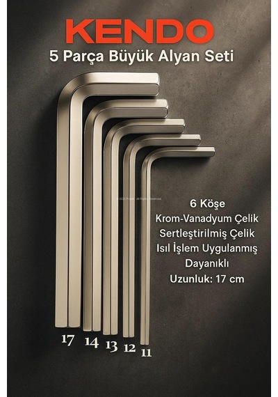 Kendo 5 Parça Büyük Alyan Seti, Krom-vanadyum Çelik, Alyan Anahtar Takımı, Sertleştirilmiş Çelik, Isıl İşlem Uygulanmış, Dayanıklı, Tamirat Aleti, Kavisli Ve Estetik Tasarım