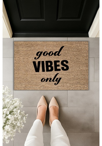 Rugmood Modern Dijital Baskı - Good Vıbes Only - Kapı Önü Paspası Kahverengi