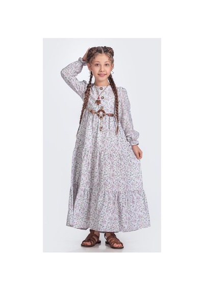 Mnk Baby & Kids Müslin Kumaş Kız Çocuk Uzun Kol Tesettür Elbise M00705 Beyaz