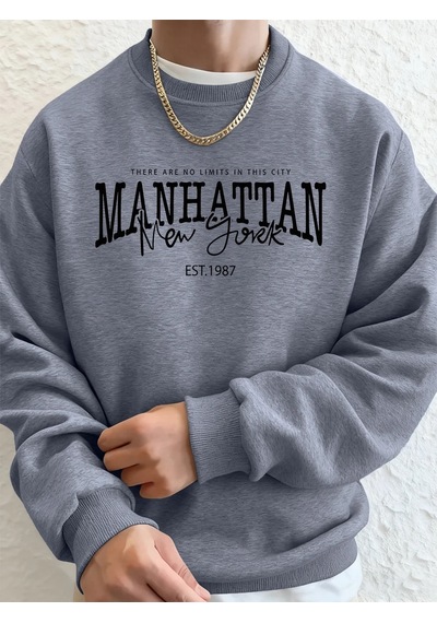 Startmore Tarzsokak Manhattan New York Kelimeler Baskılı Erkek Kapüşonlu Üstleri Sonbahar Bol Sweatshirt Hip Hop Gri