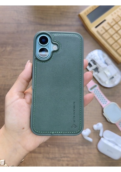 Apple iPhone 16 Uyumlu Premium Deri Dokulu Darbelere Karşı Dayanıklı Nazal Silikon Kılıf Haki