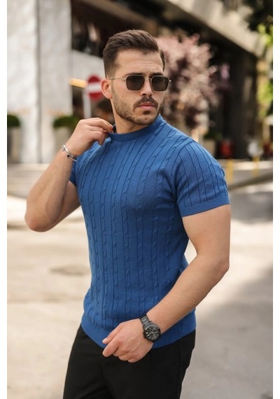 Valensdesign Erkek Örgü Desen Bisiklet Yaka Triko Tişört - %100 Pamuk Akrilik Saks
