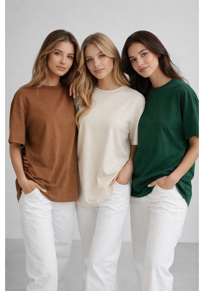 Kadın 3'lü Paket Yeşil-bej-kahve %100 Pamuk Oversize Basic Tişört Bisiklet Yaka Relaxed T-shirt Yeşil-bej-kahve