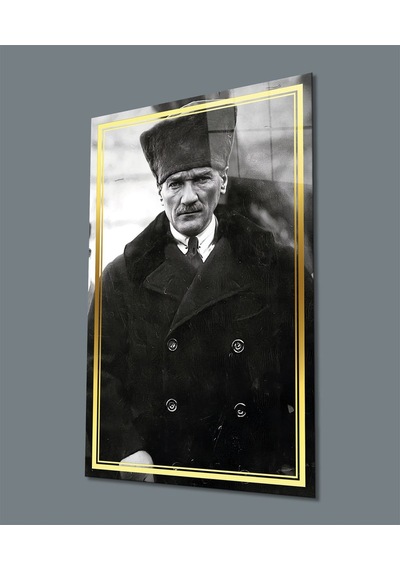 Miyrem Glasses Collection -a1^ Gold Şerit Siyah Beyaz Pardesülü Atatürk Portresi Cam Tablo