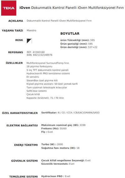 Teka IOVEN SS Ankastre Multifonksiyonel Dokunmatik Ekranlı Turbo Fırın 41560160