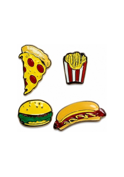 Fast Food Temalı 4'lü Metal Emaye Rozet Seti Pizza,hamburger,patates Ve Sosisli Rozet Gri