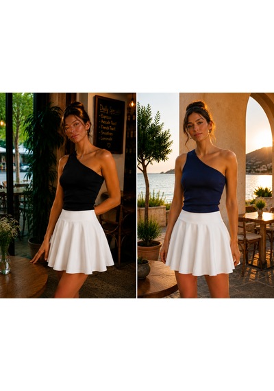 Feyece 2'li Siyah Lacivert Tek Omuz Detaylı Kaşkorse Bluz Crop Lacivert - Siyah