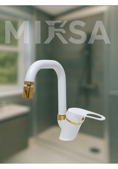Lüx Beyaz-gold Köşe Borulu Oynar Başlıklı Perlatörlü Banyo Lavabo Bataryası, Çiftsugirişli