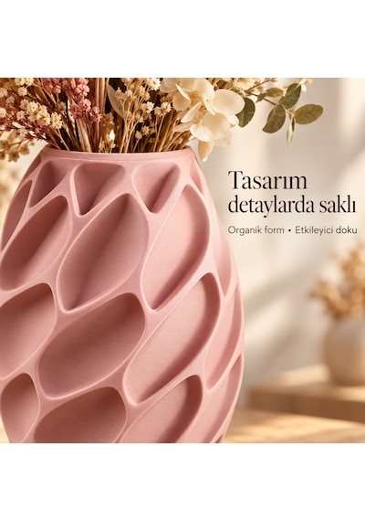Yaprak Desenli Dekoratif Vazo 20 Cm Kuru Ve Yapay Çiçek Vazosu Pembe