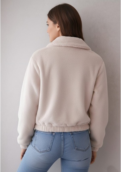 Smalltouch Kadın İç Astarlı Fermuarlı Çift Cepli Crop Bej Peluş Mont Taş