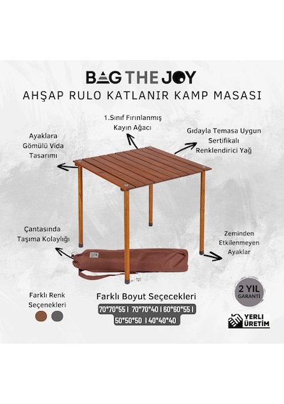 Bag The Joy 60 x 60 x 55 CM Ahşap Katlanır Kamp Masası - Kahverengi