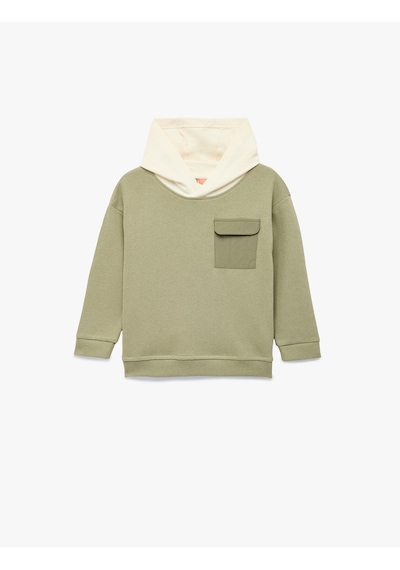 Koton Kapaklı Cep Detaylı Pamuklu Bisiklet Yaka Uzun Kollu Kapşonlu Sweatshirt Haki 7wmb10017tk