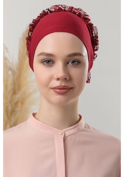 Melodi Scarf Kadın Tesettür 10'lu Fırfırlı Dikişli Bone Bordo Bordo