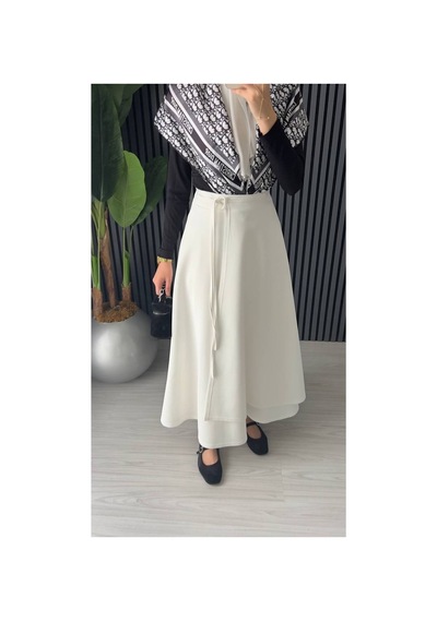 Unika Boutique Kadın Yandan Bağlamalı Tesettür Uzun Kot Etek Beyaz
