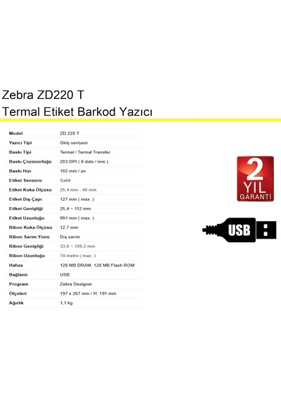 Zebra Zd 220t Termal Ve Ribonlu Etiket Barkod Yazıcı