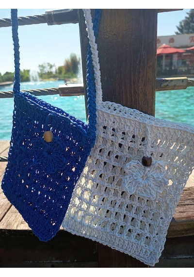 Elmundo Butik Kağıt İp El Yapımı Çapraz Telefon Çantası Saks Mavi