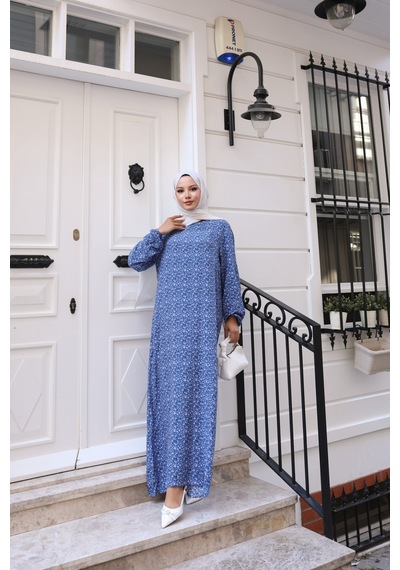 Nevayla Moda Çiçek Desenli Viskon Elbise - Mavi / E0128 Mavi