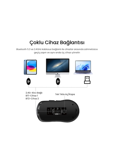 Veggieg G900 Dual-mode Bluetooth 5.3 Ve 2.4ghz 3600dpı Ekranlı Şarjlı Optik Kablosuz Mouse Siyah -