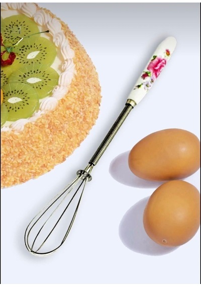 Porselen Saplı Metal Mini Çırpıcı 20 Cm El Çırpıcısı, Mutfak Karıştırma Teli Beyaz