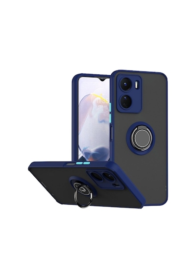 Vivo Y02s Uyumlu Kılıf Yüzüklü Standlı Extra Darbe Koruma Sert Silikon Kapak - Lacivert Lacivert