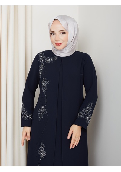 Eslemnur Büyük Beden Yaprak Taşlı Anne Elbisesi En7008 Lacivert