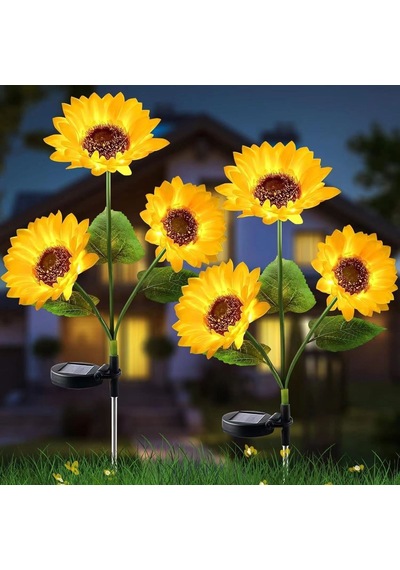 2 Adet Güneş Enerjili Led Ayçiçeği Bahçe Lambası-dekoratif 3 Çiçekli Bahçe, Peyzaj, Yol Aydınlatma Güneş Enerjili