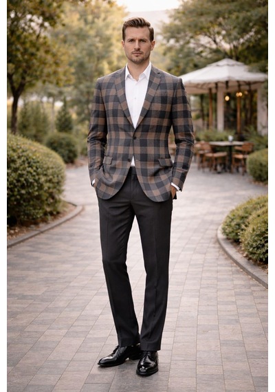 Erkek Kareli Desen Blazer Ceket Lacivert