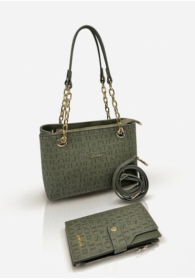 Just Polo Özel Günlere Uygun Baskılı Şık Omuz Çantası Ve Cüzdanı Kombin Shopper Yeşil
