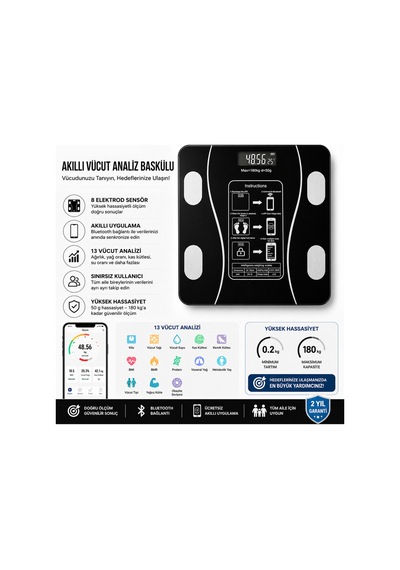 Akıllı Bluetooth Vücut Analiz Baskülü 180kg Hassas Dijital Tartı