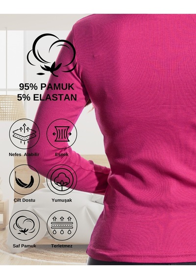 Alya Underwear Pamuklu Kaşkorse V Yaka Body Sweatshirt, Fitilli Kumaş Likralı Bluz, Asker Yeşili Badi Fuşya Melanj