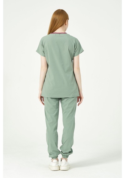 Çağla Yeşili Likralı Scrubs Jogger Paça Doktor Hemşire Forması Yarasa Kol Takım Unisex