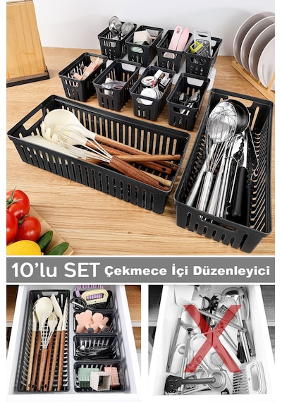 10 Parça Modüler Çekmece İçi Organizer Set - Banyo Mutfak Makyaj Aksesuar Ofis Düzenleyici Siyah