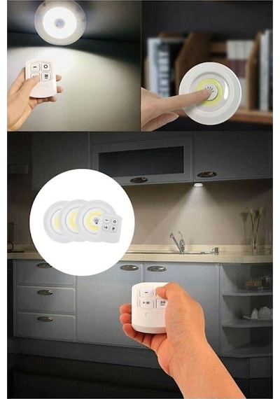 Uzaktan Kumandalı 3 Lü Spot Led Lamba Kablosuz Pilli Işıldak Dolap Işığı Mutfak Rafı Işığı Beyaz