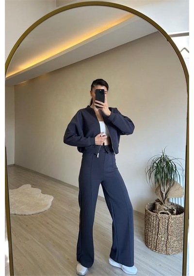 Neşeli Butik Kadın Fermuarlı Oversize Sweat Ve Yüksek Bel Eşofman Takımı Nm018 Antrasit