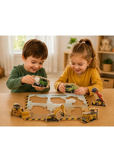 İş Makineleri Ahşap Yapboz Puzzle Oyunu 30x20 Cm Beyaz Mdf Eğitici Çocuk Puzzle