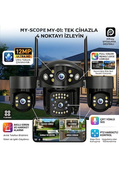 Myscope My-01 12mp 4 Lens Wifi Güvenlik Kamerası 4 Ekran İzleme, Ptz Hareketli Kamera, Renkli Gece Görüşü, Siren Alarm, Hieasy Uygulama Destekli Dış Mekan Ip Kamera