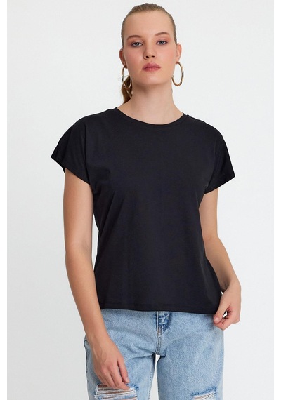 Kadın Pamuk Modal Bisiklet Yaka T-shırt Siyah