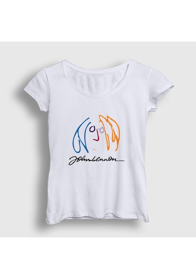 Presmono Kadın Logo Beatles John Lennon T-shirt Beyaz