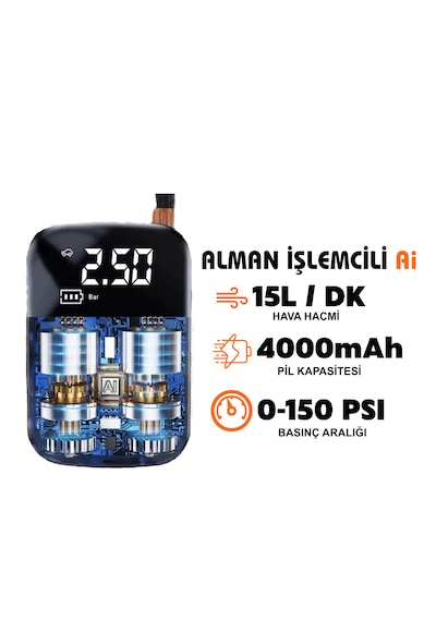 H-9293 Akıllı 4000mah Şarjlı Hava Pompası Kompresörü 150psi Araç Lastik, Bisiklet, Top Şişirme Oto Hava Kompresörü Digital