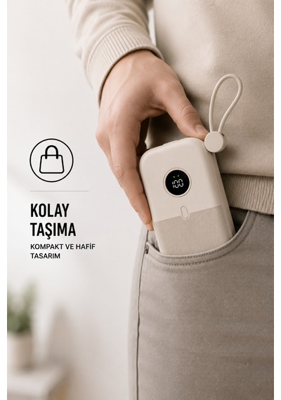10000mah Powerbank 22.5w Hızlı Şarjlı Taşınabilir Şarj Cihazı Dahili Kablolu Krem