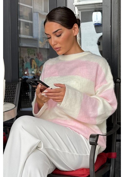 Madmext Pembe Bisiklet Yaka Çizgili Triko Kadın Kazak Mg2472 Pembe