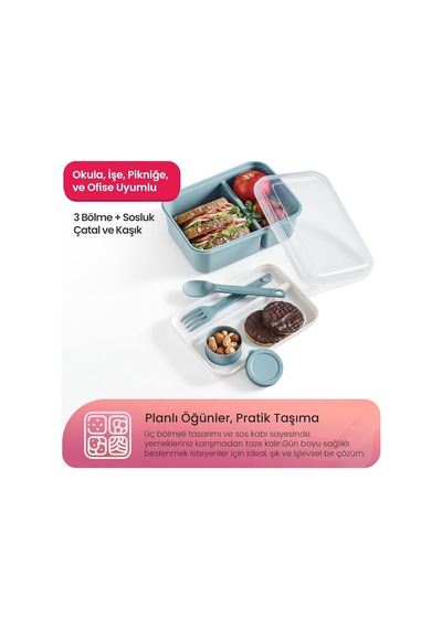 Orret Home 3 Bölmeli Beslenme Kabı 920 Ml Sosluklu Sızdırmaz Kapaklı Bpa İçermez Çatal Kaşık Dahil Lunch Box B Diğer