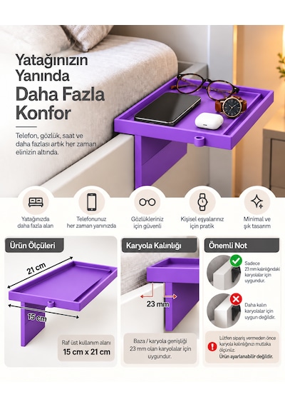 Yatak Yanı Pratik Raf Mor