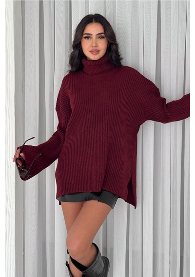 Femelle Kadın Bordo Standart Beden Basic Boğazlı Oversize Triko Kazak
