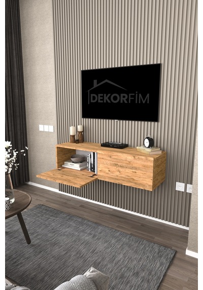 Df17101 Duvara Monte Tv Ünitesi Kapaklı Raflı Tv Sehpası Modern Duvar Raflı Tv Alt Ünitesi Atlantik Çam Çok Renkli