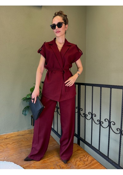 Ali Butik Bordo Kuşaklı Keten Yelekli Takım