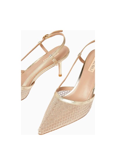Nicoli Joel 75 Kristal Slingback Topuklu Ayakkabı, Işıltılı Mesh Tasarım Gold