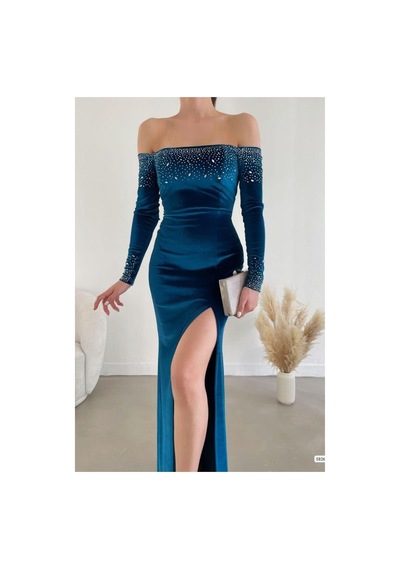 Lior Design Kadın Trend Model Esnek Kadife Kumaş Yırtmaçlı Uzun Kollu Abiye Elbise Petrol Lior Design Kadın Trend Model Esnek Kadife Kumaş Yırtmaçlı Uzun Kollu Abiye Elbise Petrol